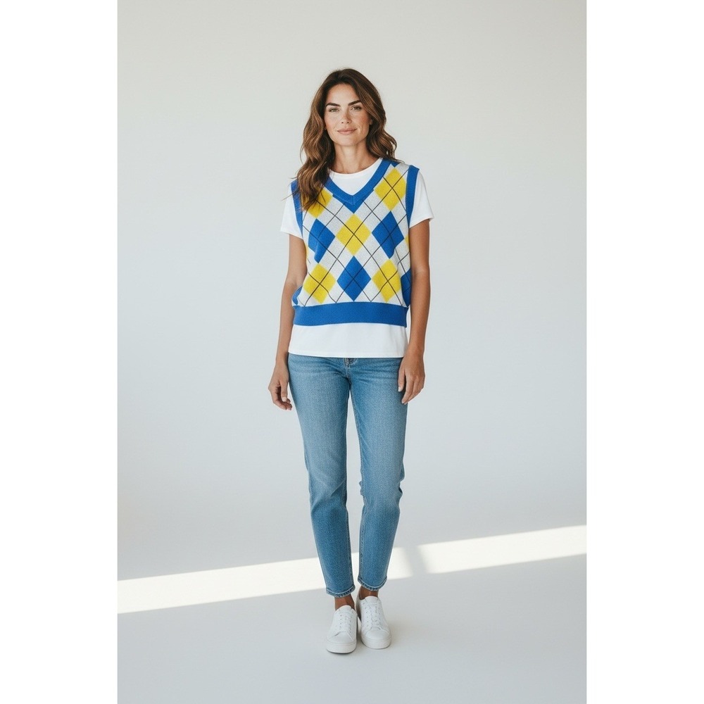 Blue Yellow Argyle V-Neck Knit Sweater Vest Striped Back Womens Size M Cropped